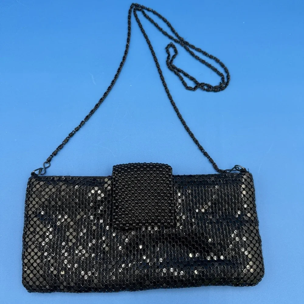 Black Beaded Evening Bag Metal Chain Shoulder Strap Purse Clutch Satin Inside
